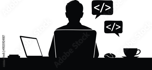 Flat design silhouette of a man working on laptop coding and programming with coffee cup and mouse on office desk for labor day celebration inspired by canva style vector art