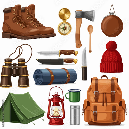 Camping and hiking equipment collection for outdoor adventure.