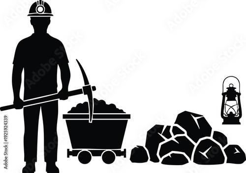 Silhouette of miner holding pickaxe standing next to coal cart and lantern celebrating labor day worker appreciation in flat vector design
