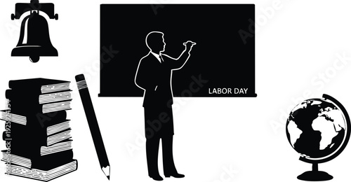 Minimalist vector art of man in suit writing labor day on blackboard with stack of books pencil bell and globe in educational workspace black and white style