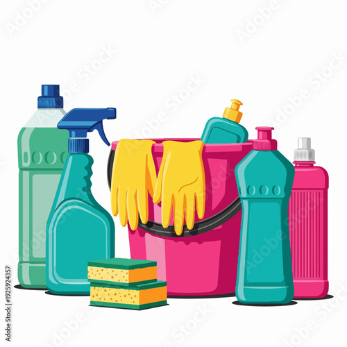 Cleaning supplies and equipment for household chores.