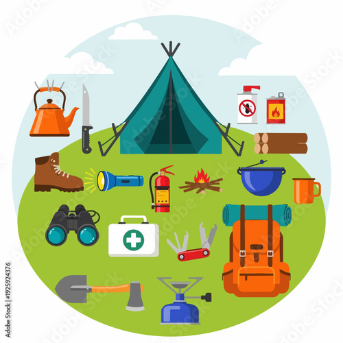 Camping Gear and Equipment Collection Flat Design.