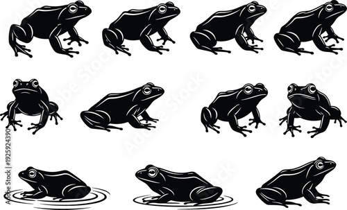 Frog Silhouette Collection Black Amphibian Vector Illustration Set Wildlife Animal Poses Icon Clipart Bundle