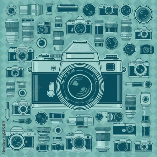 Collection of vintage cameras and lenses arranged in a pattern.
