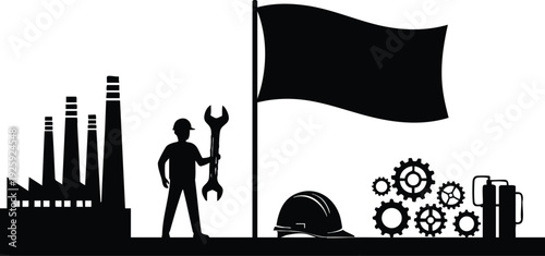 Black silhouette of industrial worker holding wrench near factory flag helmet and gears labor day concept vector art design for celebration and work appreciation holiday graphics