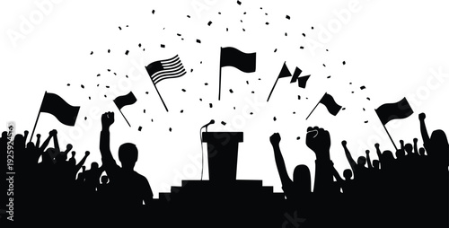 Black silhouette crowd waving flags and raising fists around podium at labor day celebration with confetti flying in the air vector art illustration
