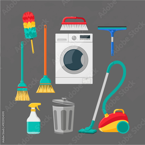 Collection of household cleaning supplies and appliances.