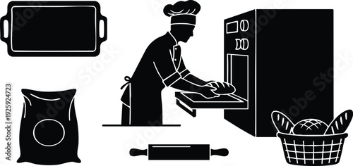 Flat design silhouette of chef baking bread using oven with rolling pin flour bag and bread basket in kitchen minimal black vector art illustration celebrating labor day