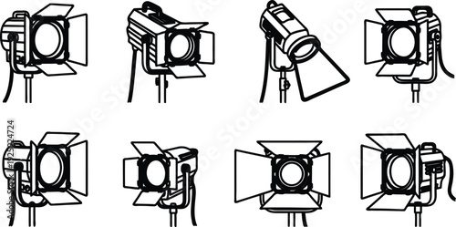 Eight different studio flash lights with reflectors on stands  various photography lighting equipment setups