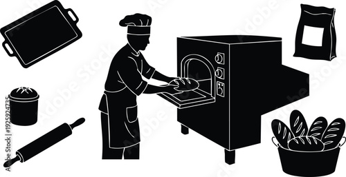 Minimalist vector art of baker placing fresh bread in commercial oven with baking tools around representing labor day celebration in black and white silhouette style