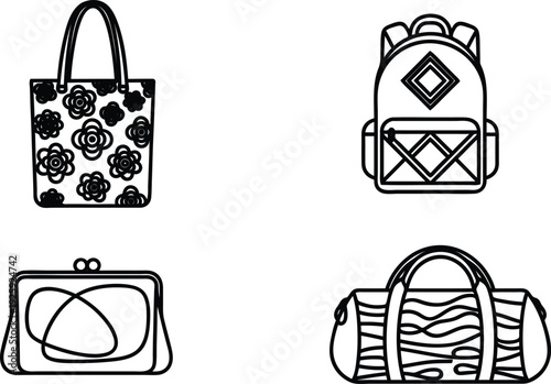 Four different types of bags including a tote bag a backpack a clutch and a duffel bag in black and white line art