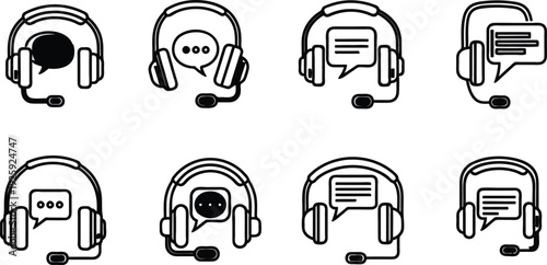 Eight black line icons of customer support agents with speech bubbles on white background  customer service headsets