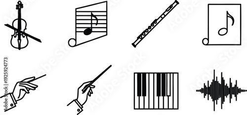 Music icons including violin flute piano notes conductor hands and sound wave on white background