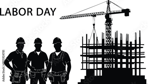 Black silhouette construction workers standing with hard hats at construction site with crane lifting materials labor day vector art flat design illustration concept