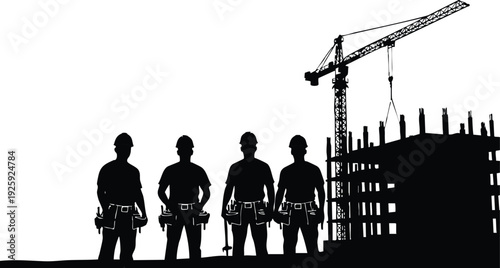 Silhouette of four construction workers wearing helmets and tool belts standing in front of building under construction with tower crane on labor day celebration vector art