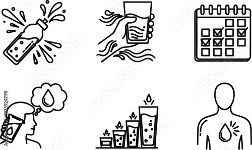 Linedrawingsofvariousiconsrelatedtowaterandscheduleandhealthandhydration  severalblackandwhiteillustrations