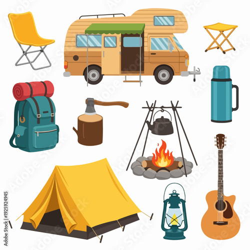 Camping equipment and recreational vehicle illustration.