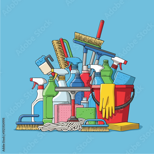 Collection of cleaning supplies and tools for household chores.