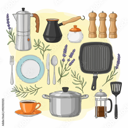 Kitchen Utensils and Coffee Making Equipment Collection.