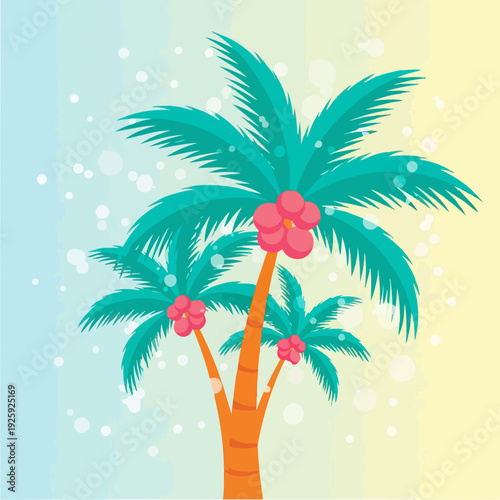 Cartoon palm trees with pink flowers and falling snow.