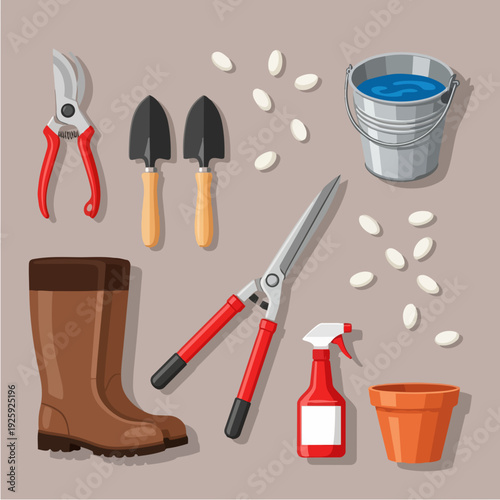 Gardening tools and supplies for planting seeds.