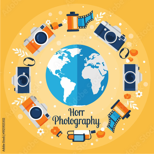Photography equipment arranged around a globe representing global photography.