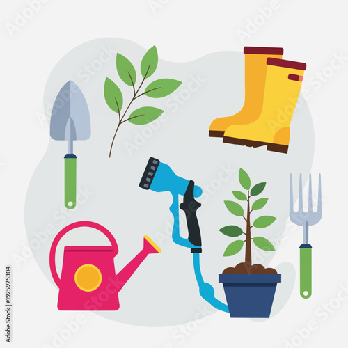 Gardening tools and plants illustration for outdoor activities.