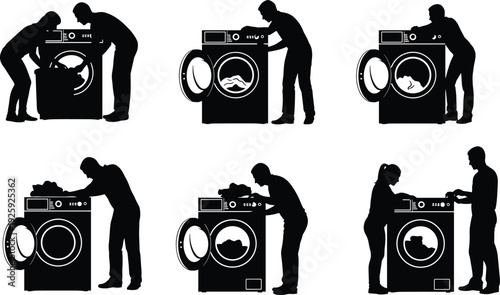 Laundry Washing Machine Silhouette Collection Household Chore People Cleaning Clothes Vector Illustration Set