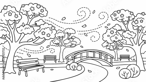 Autumn park scene with falling leaves and bridge.