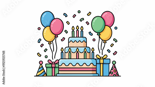 Birthday Celebration Cake with Balloons and Gifts.