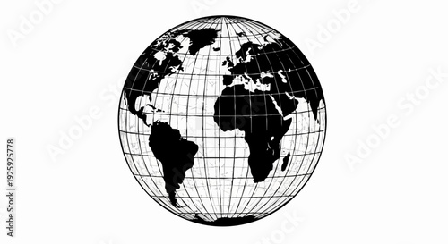 Black and White Globe Showing Continents and Grid Lines.