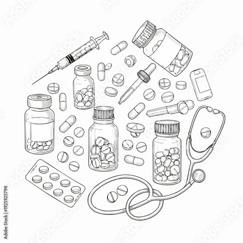 Medical supplies and medication in a circular arrangement illustration.