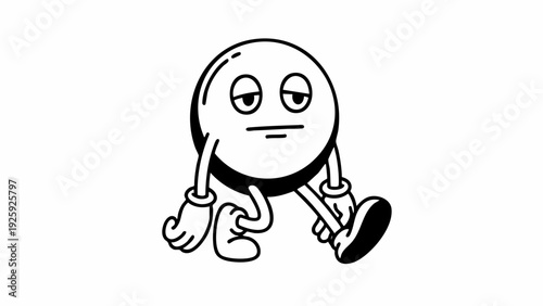 Bored cartoon character walking with tired expression.