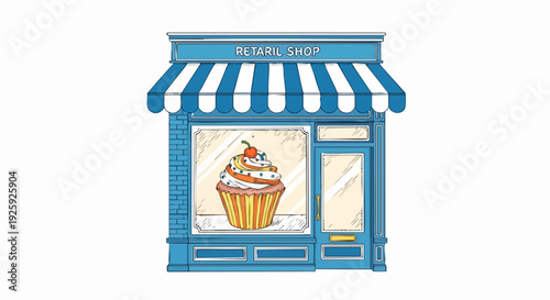 Charming Blue Bakery Shop Displaying a Delicious Cupcake.