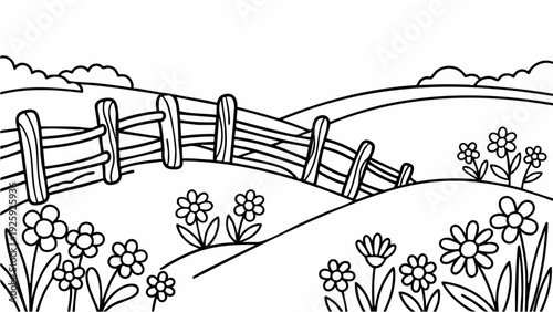 Charming Rustic Wooden Fence Surrounded by Blooming Wildflowers.