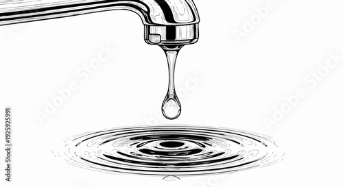 Close-up of a dripping faucet with water droplet and ripples.