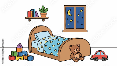Cozy childrens bedroom with toys and a teddy bear.
