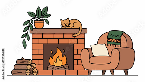 Cozy living room scene with a cat sleeping by a fireplace.