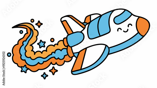 Cute cartoon spaceship blasting off with fiery exhaust and stars.