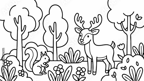 Cute deer and squirrel in a forest coloring page.