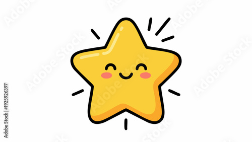 Cute Yellow Star Character with Happy Face and Sparkles.