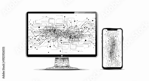 Digital circuit board schematic displayed on computer monitor and smartphone screen.