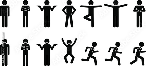 Human posture icons set, stick figure gestures, standing pose, yoga balance, arms extended, heart hands, running movement, body language, vector illustration