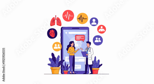 Doctor and patient interacting with medical app on smartphone.