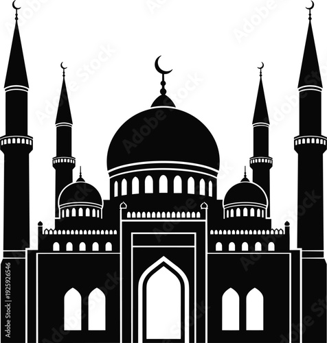 Islamic mosque silhouette illustration, black and white vector art, crescent moon dome, minarets, ornate arch entrance, cultural heritage, religious architecture