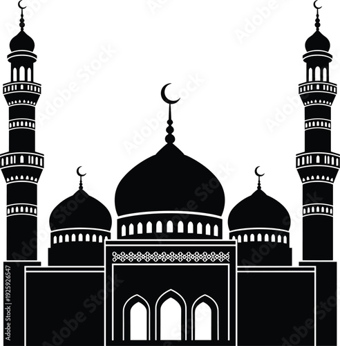 Islamic mosque silhouette illustration, black and white vector art, religious architecture design, crescent moon dome, minarets, cultural heritage symbol