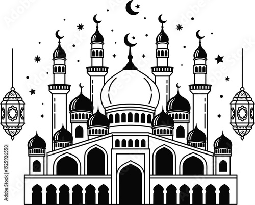 Islamic mosque silhouette illustration, black and white vector art, crescent moon star, hanging lanterns, religious architecture, cultural heritage, Ramadan Eid decoration
