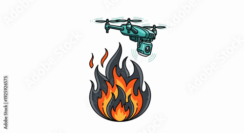 Drone on fire with flames burning intensely.
