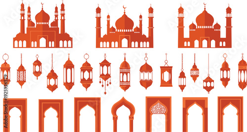 Islamic mosque silhouette illustration, Ramadan lantern vector art, traditional archway design, cultural heritage symbol, religious architecture, black and white graphic