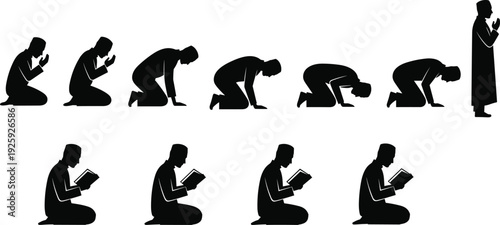 Islamic prayer posture silhouette illustration, Quran reading vector art, black and white design, cultural heritage, religious devotion, spiritual worship